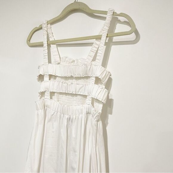 White Smocked Midi Dress Open Back Cage Strappy Sundress Cottagecore Minimalist - Picture 5 of 10